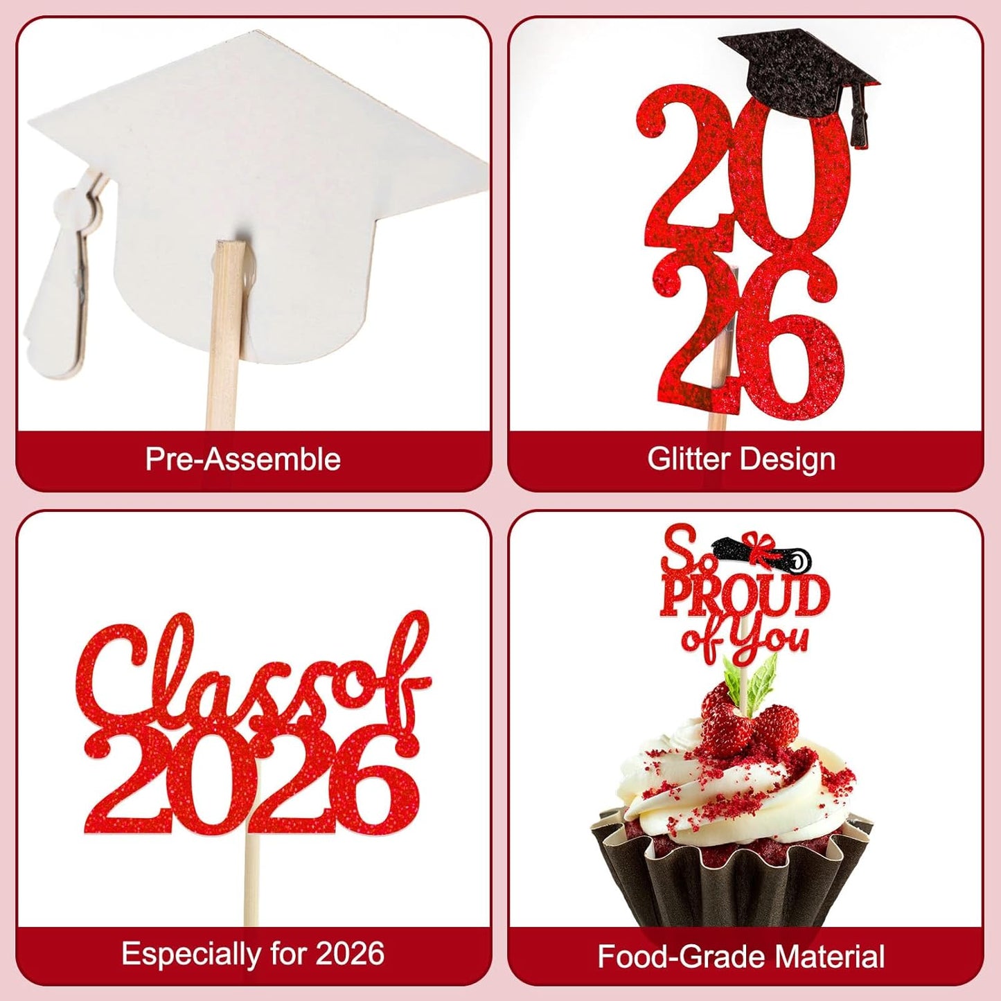 24 Pcs Graduation Cupcake Toppers 2026 - Congrats Grad Decorations Class of 2026, Pre-Assembled Black Gold Grad Cake Topper Centerpieces for Graduation Party Decoration Supplies Table Decor, 6 Styles