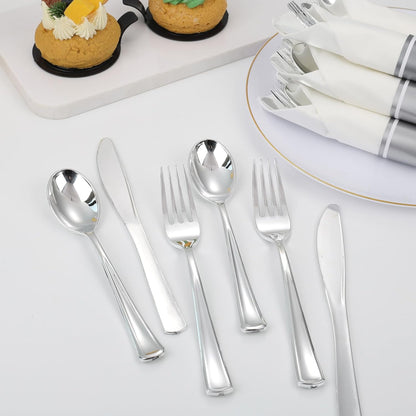 Supernal 240 Silver Plastic Silverware Set - 60 Sets Pre Rolled Napkins with Cutlery - Mirror Polished Real Look Disposable Silver Utensils- Elegant Heavy Duty Flatware for Weddings & Catering