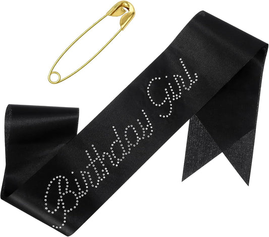 Birthday Girl Sash, Satin Birthdays Sash with Glitter Rhinestones, Birthday Girls Sashs with Safety Pin, Happy Birthdays Sashs Gifts Party Accessories for Sweet 16 18 21 30 40 50 Bday(Black)