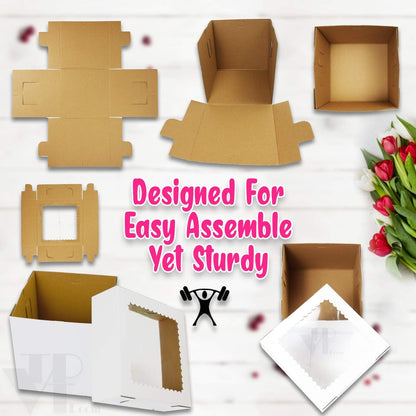 12 Pcs Tall Cake Boxes with Window in 6 Sizes + 15 Thank You Stickers 12x12 10x10 8x8, Bakery Boxes disposable carrier take out container, In 12 10 8 inch 2 3 tier wedding birthday