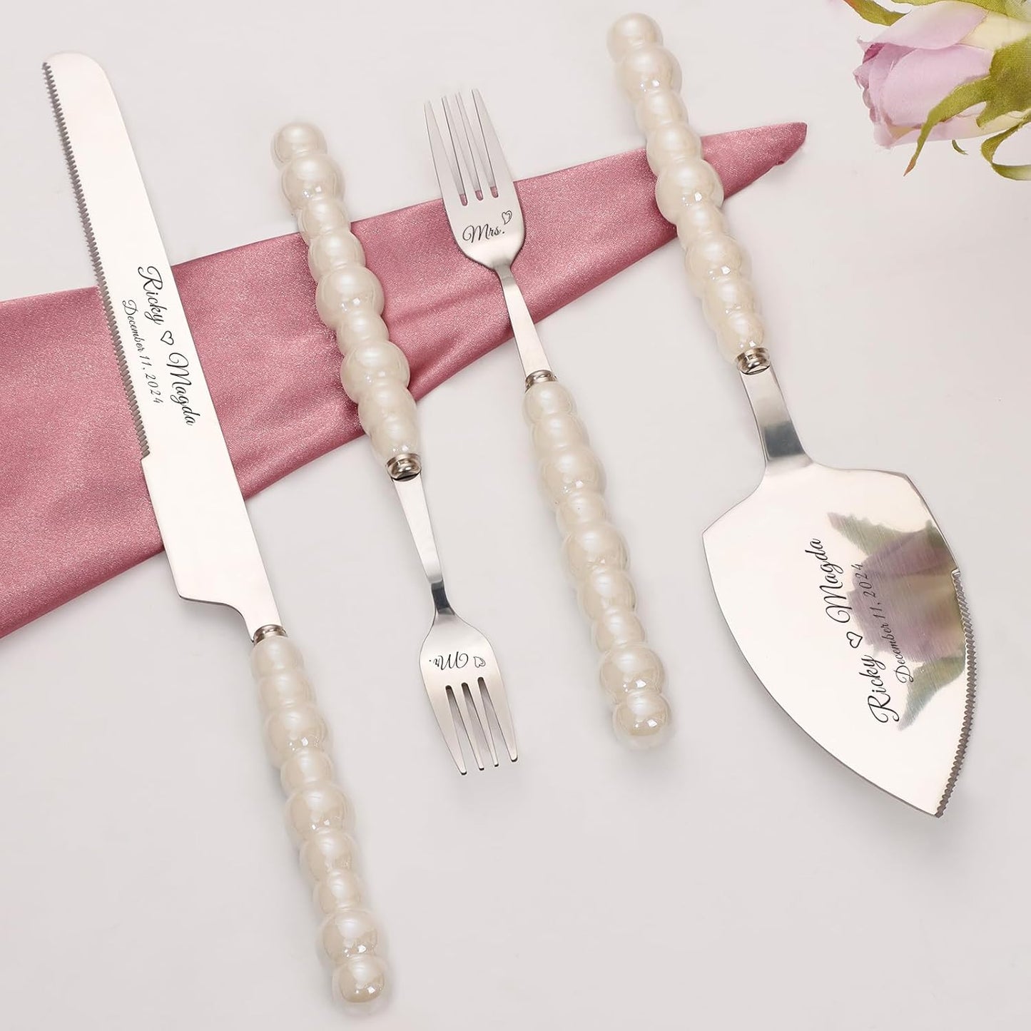 Pearl Wedding Cake Knife and Server Set with Forks, Cake Cutting Set with Stainless Steel Serrated Edges, Silver Pie Cutter Pizza Spatula, Gift for Bridal Couples Engagement (Mr & Mrs)