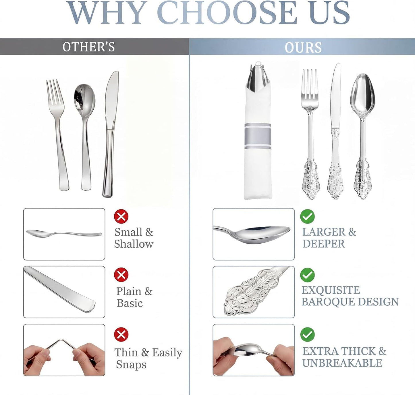 Liacere 100 Pack Silver Plastic Silverware-Pre Wrapped cutlery and Napkin-Pre Rolled Silverware Disposable 100 Forks, 100 Knives 100 Spoons, 100 Napkins Plastic Utensils＆Wedding