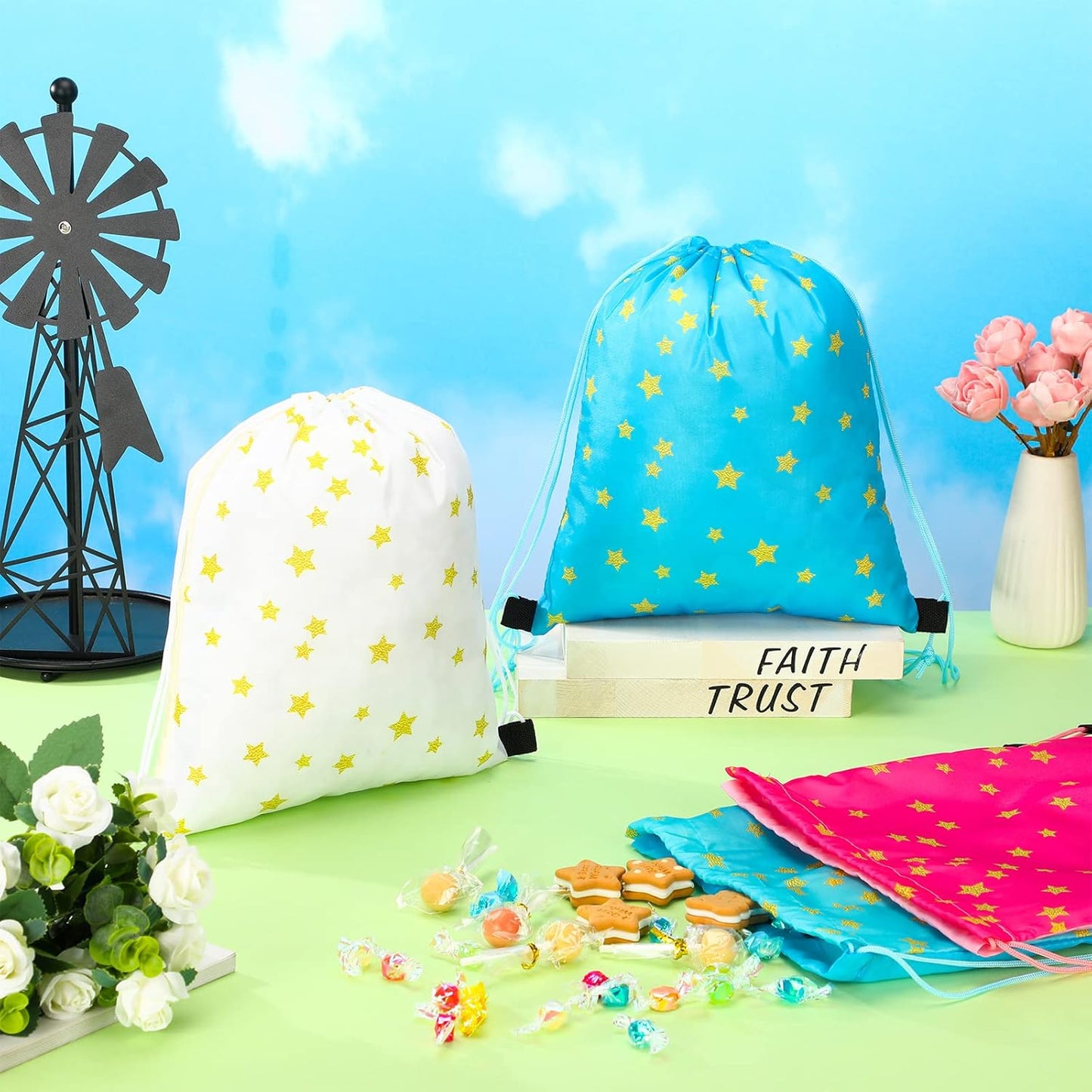 Funtery 16 Pcs Star Drawstring Backpack for Kids Star Party Favors Bags Starry Goodie Treat Gift Bags Drawstring Sackpack Sport Cinch Backpack for Girls Boys School Birthday Baby Shower Supplies