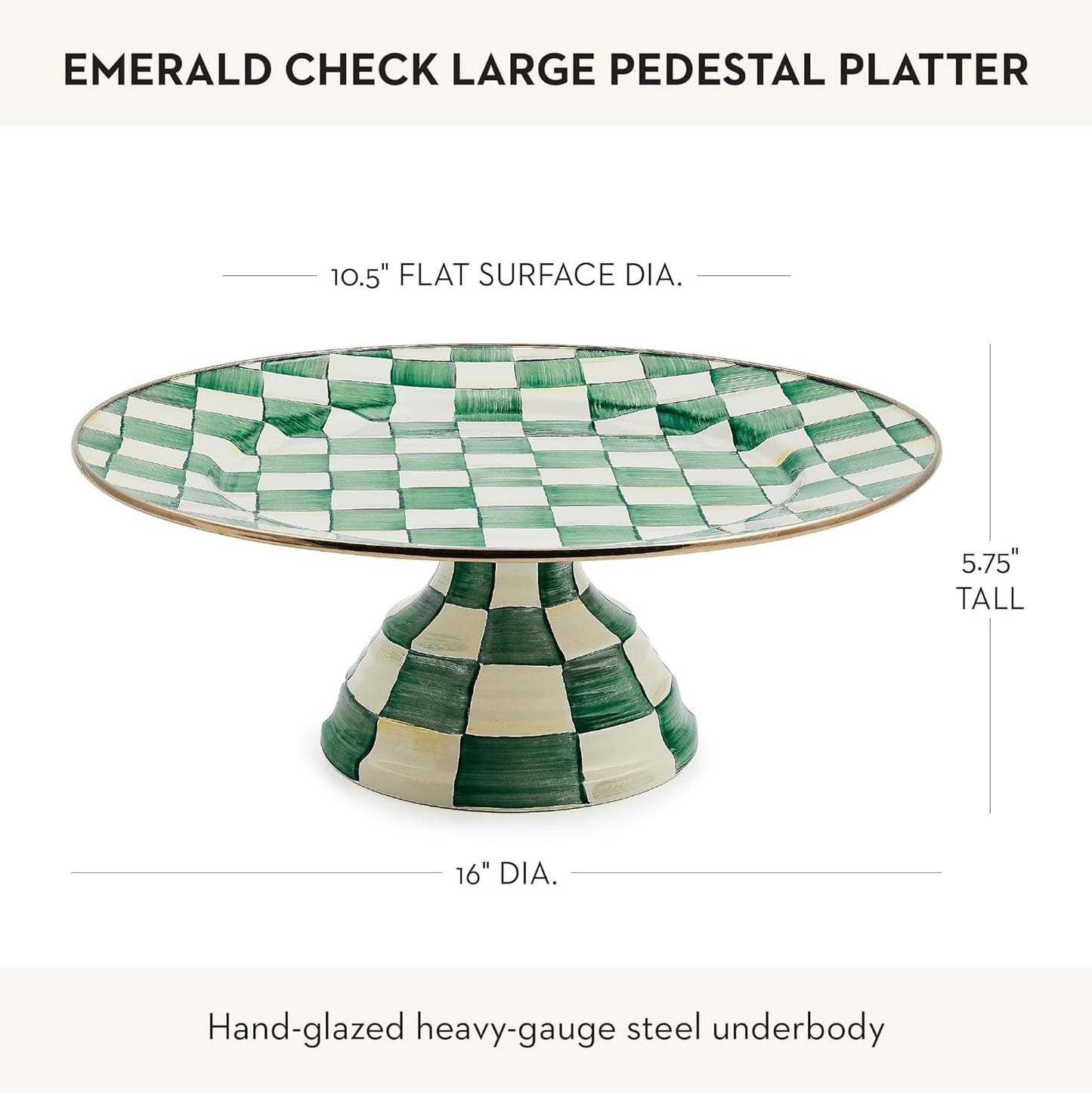 MACKENZIE-CHILDS Enamel Pedestal Platter, Round Cake Stand, Large, Black-and-White Courtly Check