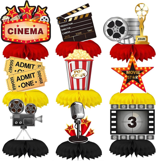9Pcs Movie Night Party Honeycomb Centerpieces Decorations, 3D Movie Theme Birthday Table Topper, Hollywood Party Decor