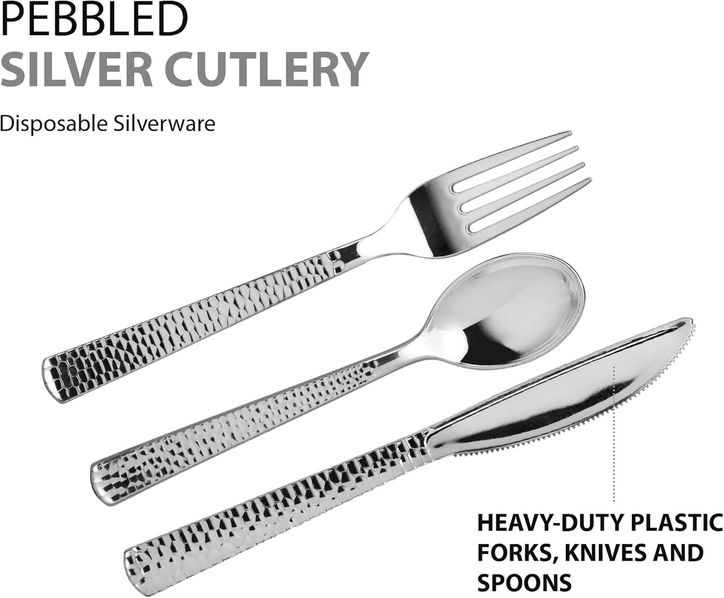 Plastic Cutlery Silverware Extra Heavyweight Disposable Flatware, Full Size Cutlery Combo, Polished Silver, 80 Forks, 40 Spoons, 40 Knifes, Value Pack 160 Count