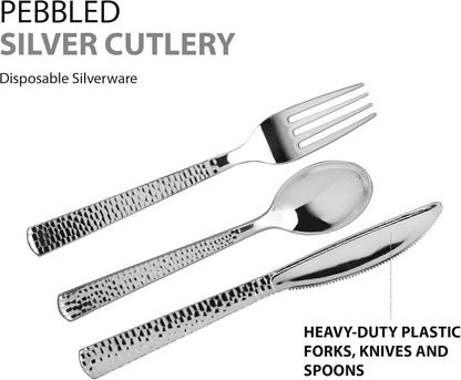 Plastic Cutlery Silverware Extra Heavyweight Disposable Flatware, Full Size Cutlery Combo, Polished Silver, 80 Forks, 40 Spoons, 40 Knifes, Value Pack 160 Count
