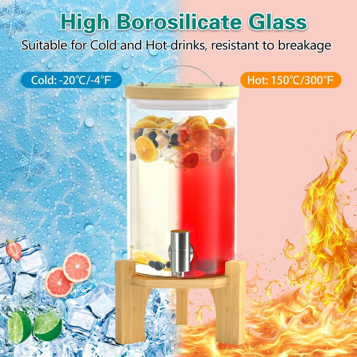 1 Gallon Glass Drink Dispenser For Parties, Beverage Dispenser With Bamboo Wood Stand And Stainless Steel Spigot, Countertop Water Dispenser, Lemonade Dispenser For Wedding, Picnic (2PACK)