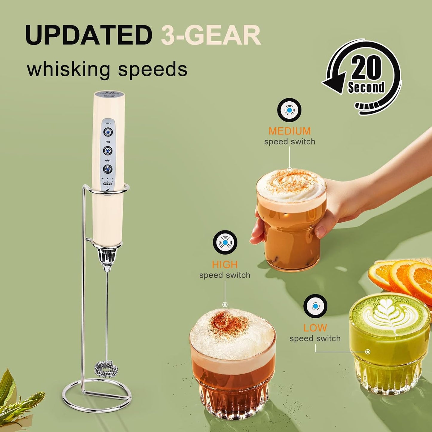YUSWKO Black Handheld Milk Frother Wand for Coffee, Rechargeable Electric Whisk with 3 Heads 3 Speeds Drink Mixer Coffee Frother For Latte, Cappuccino, Hot Chocolate, Egg