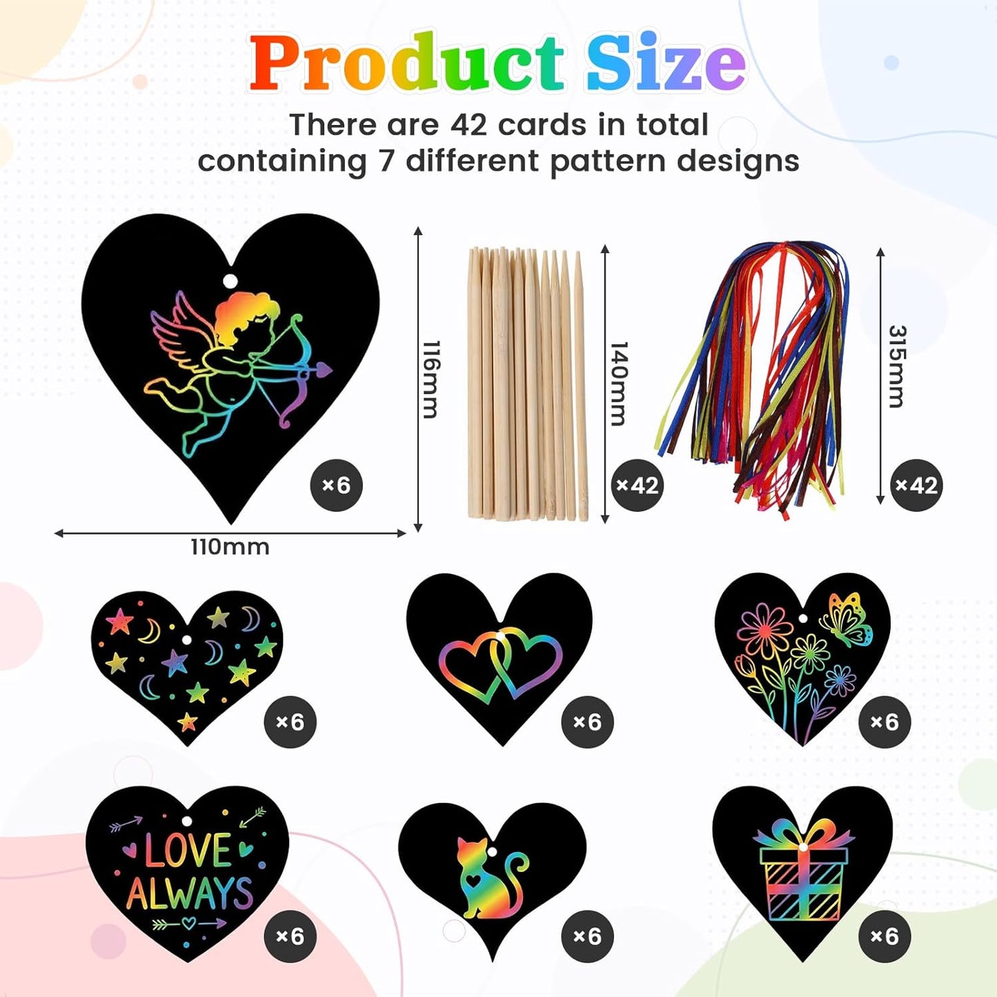 ShioShin 42 Pack Valentine's Day Rainbow Scratch Paper, DIY Rainbow Scratch Art, Scratch Art Party Favors with Wooden Styluses and Pieces Ribbons, Valentines Crafts for Creative Gifts Holiday Decor