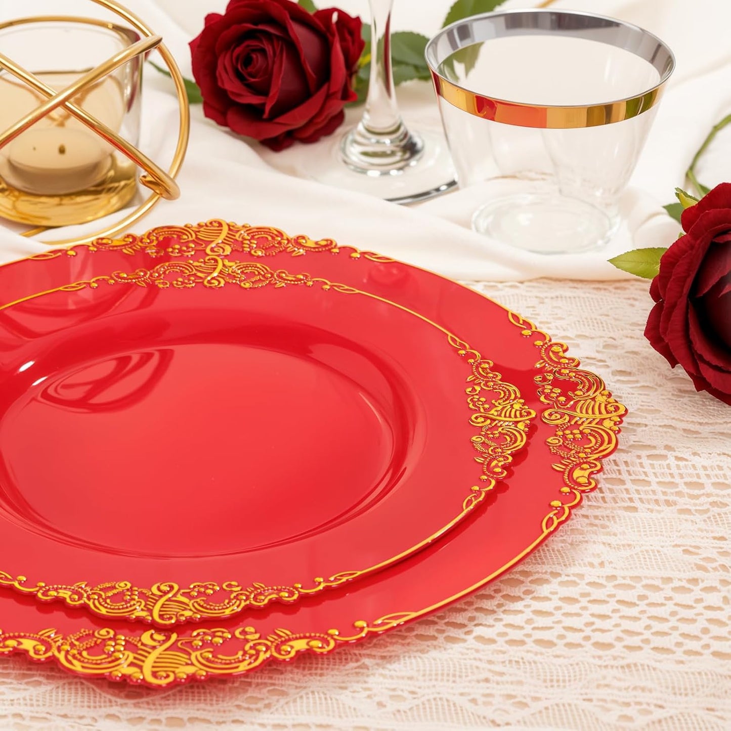 Nervure 350PCS Gold Plastic Plates - Gold Plastic Dinnerware Sets for 50 Guests - 100 Disposable Plates, 150 Silverware, 50 Cups, 50 Napkins for Wedding & Party & Mothers Day
