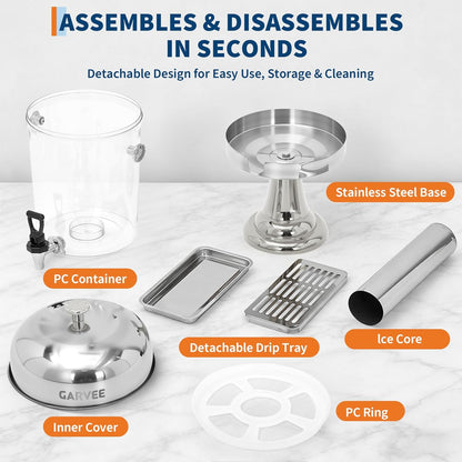 GarveeHome 2.2 Gallon Beverage Dispenser with Ice Core, Stainless Steel Cold Drink Dispenser with Stand, Spigot & Drip Tray for Lemonade, Iced Tea, Juice, Parties, Weddings & Events