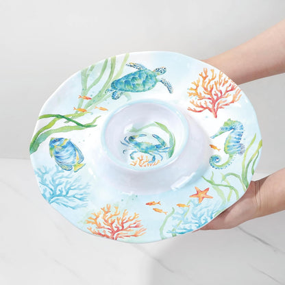 UPware Sea Life Melamine Chip and Dip Serving Tray, Round Serving Platter for Chips, Salsa, Fruit, and Snacks, Multicolor, 13.5 Inch