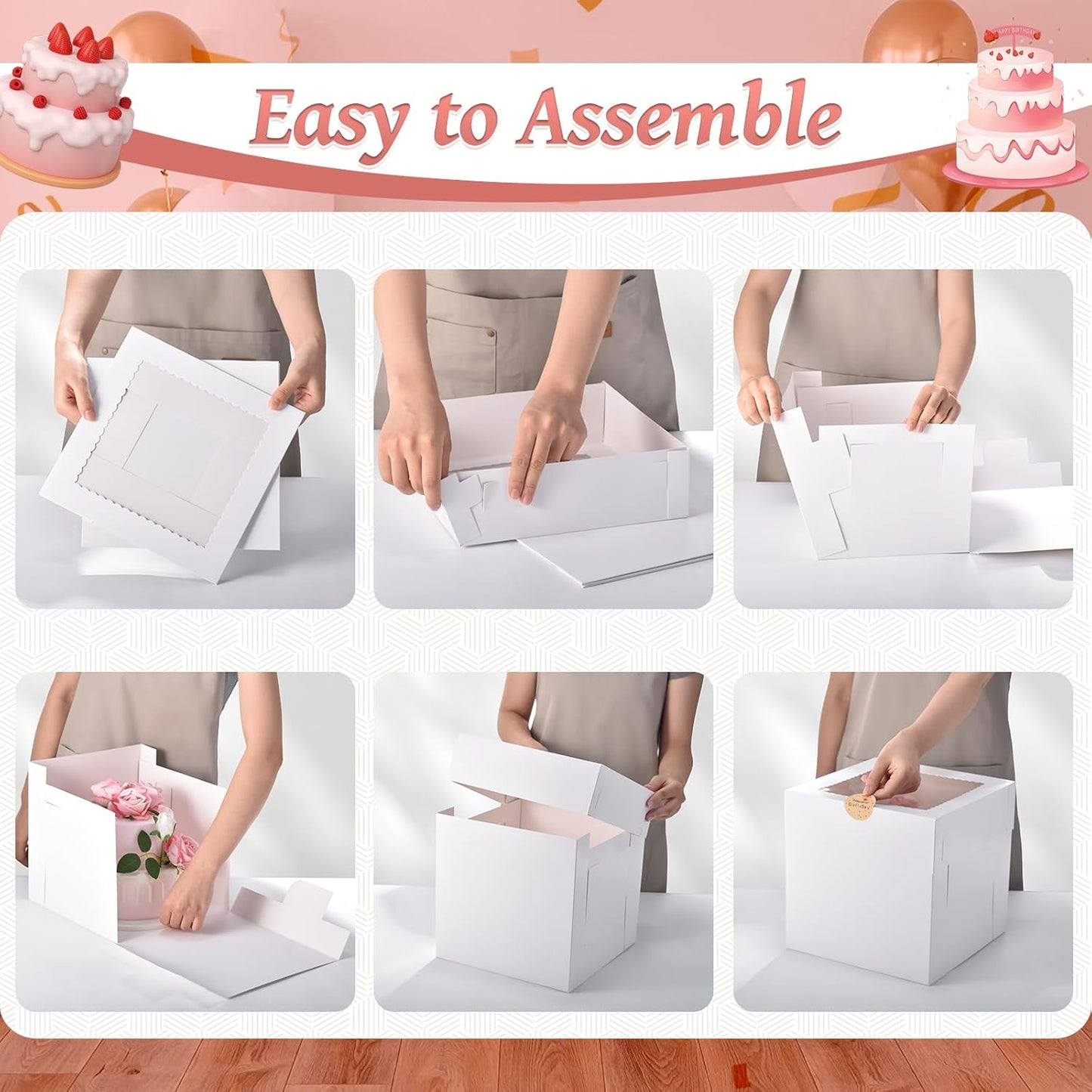 12Pcs 8x8x8 Inches Cake Boxes, Pink Square Bakery Boxes with Window, Disposable Cake Carrier Container for Pastries, Pie, Cookies, Chocolates, Cupcakes, Birthday Party, Wedding