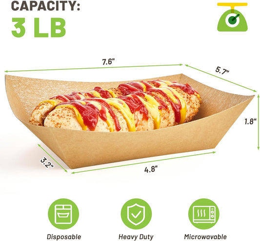 ZORRITA 3 Lb Paper Food Trays - 50 Pack Disposable Nacho Trays, Kraft Paper Food Boats Taco Holders Party Serving Baskets for Hot Dogs Snacks Tacos Fries
