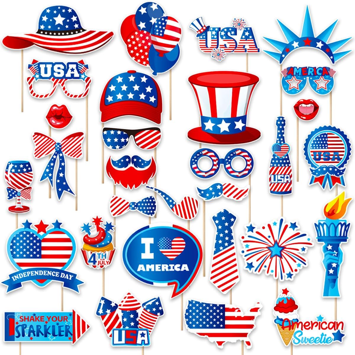 Independence Day Photo Booth Props with Sticks,4th of July Photo Booth Props,Patriotic Party Decorations (25CT)