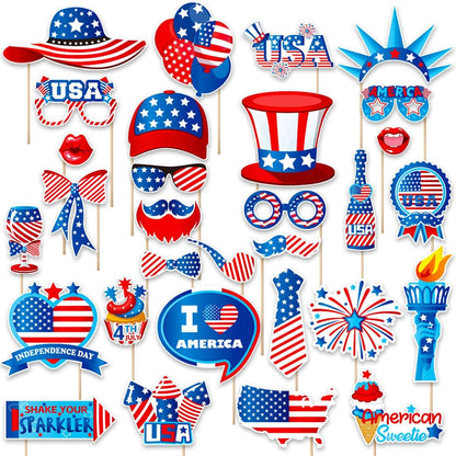 Independence Day Photo Booth Props with Sticks,4th of July Photo Booth Props,Patriotic Party Decorations (25CT)