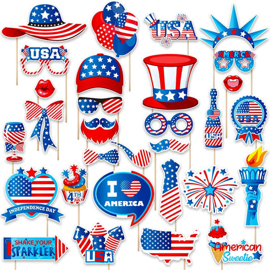 Independence Day Photo Booth Props with Sticks,4th of July Photo Booth Props,Patriotic Party Decorations (25CT)