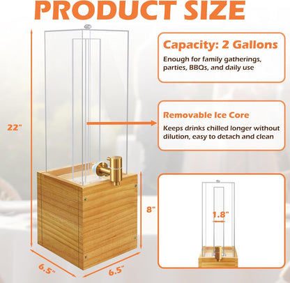 2 Gallon Drink Dispenser for Parties, Beverage Dispenser with Airtight Valve, Large Water Drink Dispenser, Water Dispenser with Wood Stand, Lemonade Dispenser for Water, Juice,Cocktails,Ice Tea