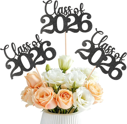 Graduation Centerpieces for Tables, 24 PCS Black Double-Sided Glitter Class of 2026 Graduation Decorations with Sticks, Grad Party Decorations