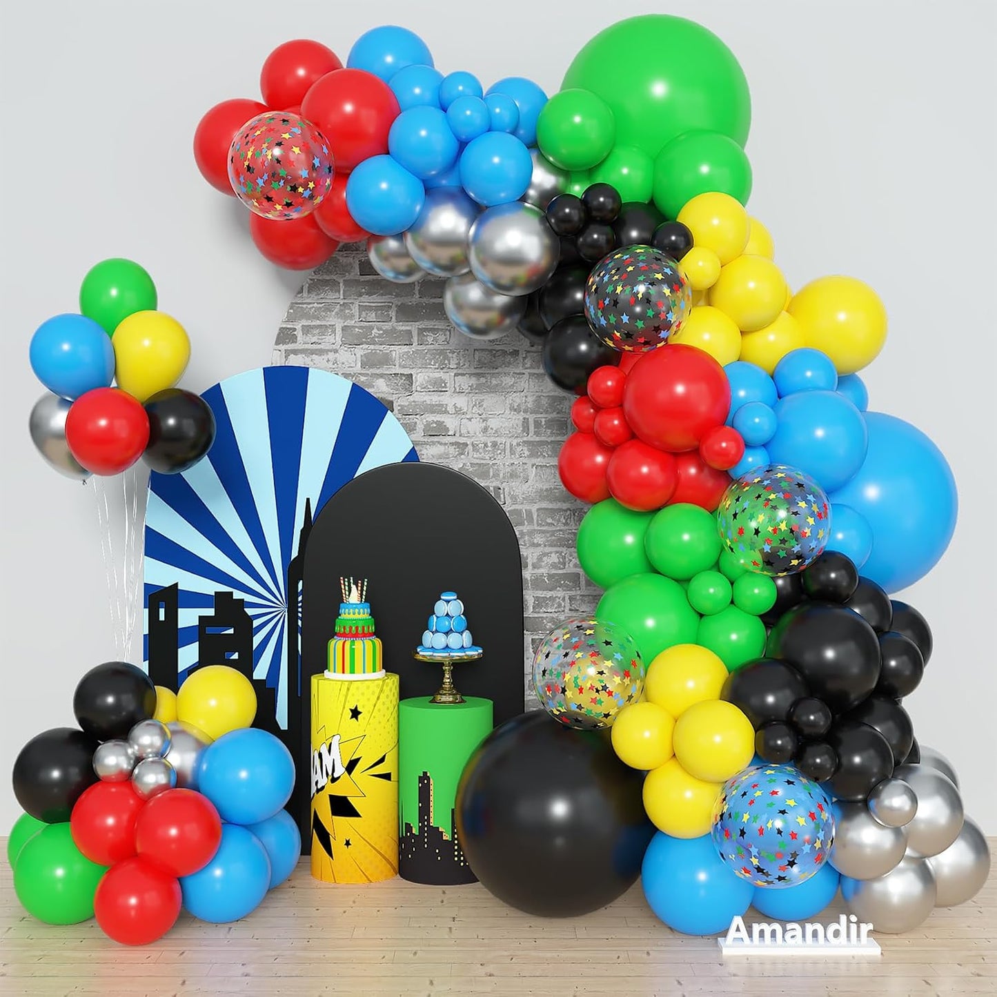 Amandir 153pcs Purple Blue Pink Balloon Garland Arch Kit, Different Sizes 18 12 10 5 inch Teal Yellow Latex Metallic Confetti Balloons for Magic Birthday Engagement Party Decoration