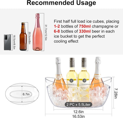 Ice Buckets for Parties 2 Packs,Ice Bucket with Scoops&Metal Wine Bottle Opener,Clear Acrylic Ice Champagne Buckets Tub for Parties,Mimosa Bar Supplies,Beer,Beverage&Drinks 5.5L (16.53 x 7.3 x 6.8in)