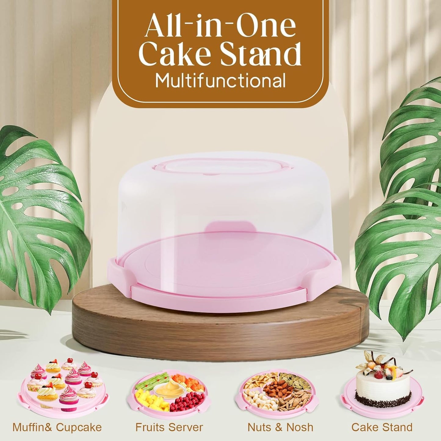 Cake Carrier with Lid and Handle, BPA-Free Cake Containers Cake Stand for 10 inch Cake with 2 Handles Cupcake Carrier - Plastic Cover Two Sided Base for Transport Pie Nuts Fruit Perfect Gifts