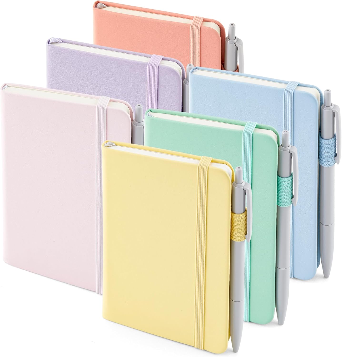 feela 6 Pack Pocket Small Notebooks Bulk, Mini Cute Memo Notepads Hardcover College Ruled Lined Journals with Pen Holder for Women Girls Office School, with 6 Black Pens, 3.5”x 5.5”, A6, Rose Pink