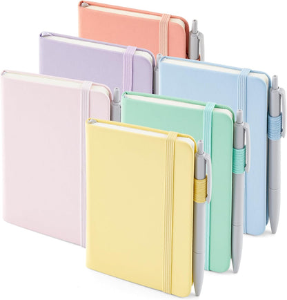feela 6 Pack Pocket Small Notebooks Bulk, Mini Cute Memo Notepads Hardcover College Ruled Lined Journals with Pen Holder for Women Girls Office School, with 6 Black Pens, 3.5”x 5.5”, A6, Rose Pink