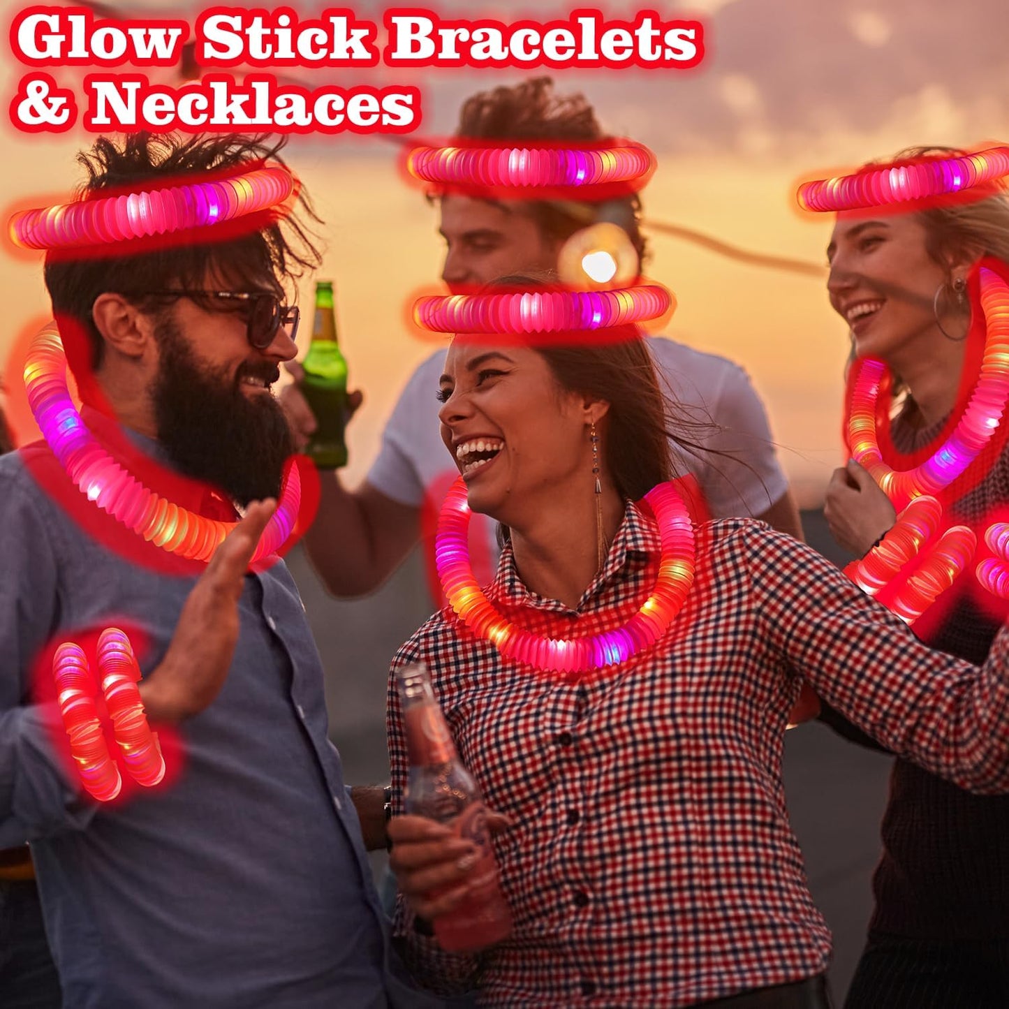 Orange Glow Sticks Party Favors Supplies for Kids 24 PCS,4th of July LED Light up Pop Tubes for Toddlers,Neon Necklaces Bracelets Accessories,Birthday Dance Party 250th Anniversary Camping Toys Gifts