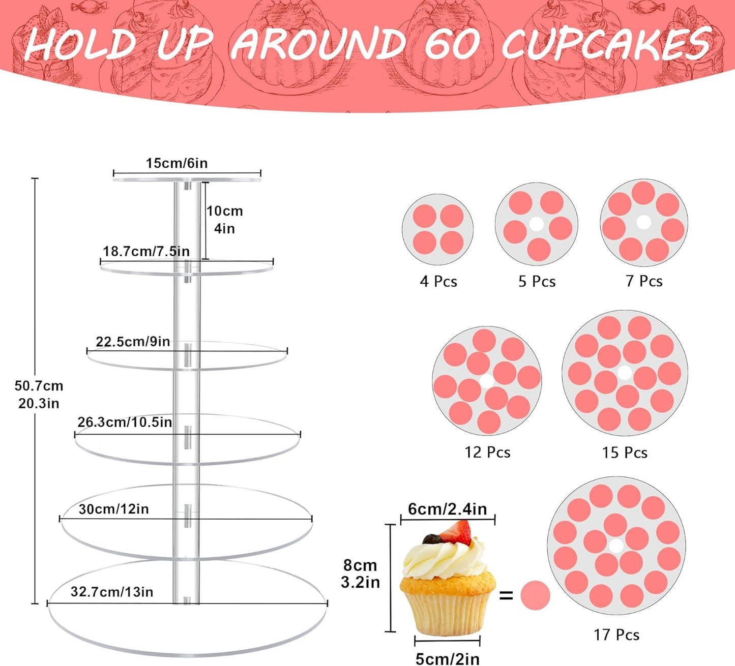 Acrylic Cupcake Tower, 7-Tier Round Cake Stand for 100 Cupcakes, Dessert Display for Parties & Weddings
