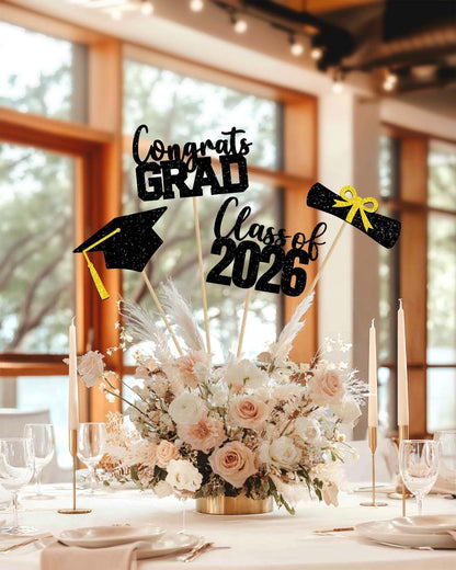 Class of 2026 Centerpieces Sticks for Graduation, 16 Pcs Graduation Decorations Cake Toppers, Graduation Theme Party Decorations Supply(BG)