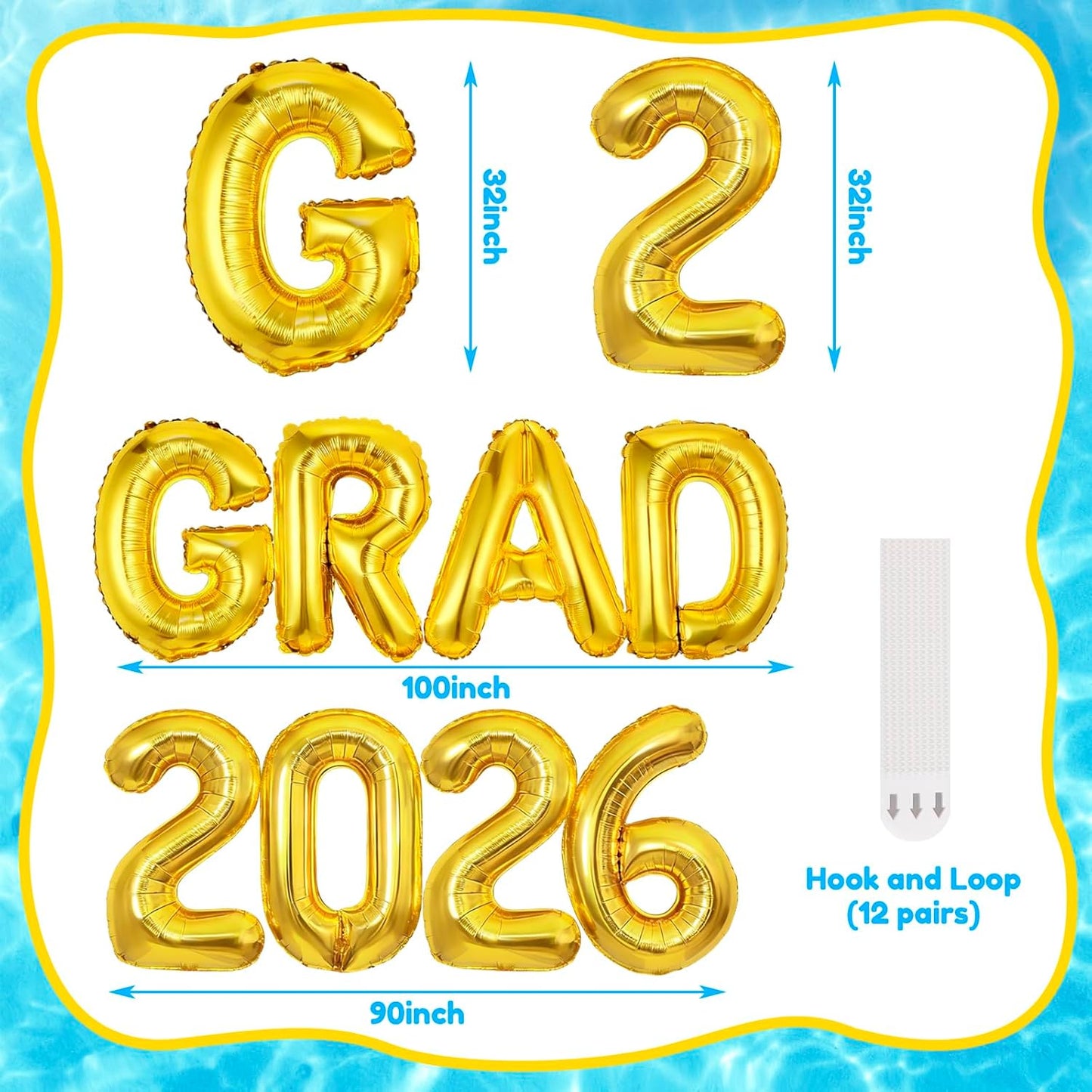8 Pcs Grad Balloons Graduation Party Decorations - 32 Inch Large Grad 2026 Inflatable Pool Float Letters Balloons, Gold Aluminum Foil Congrats Grad Balloon for Graduation Celebration Beach Party Decor