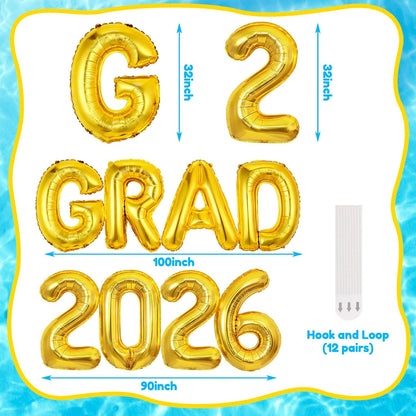 8 Pcs Grad Balloons Graduation Party Decorations - 32 Inch Large Grad 2026 Inflatable Pool Float Letters Balloons, Gold Aluminum Foil Congrats Grad Balloon for Graduation Celebration Beach Party Decor