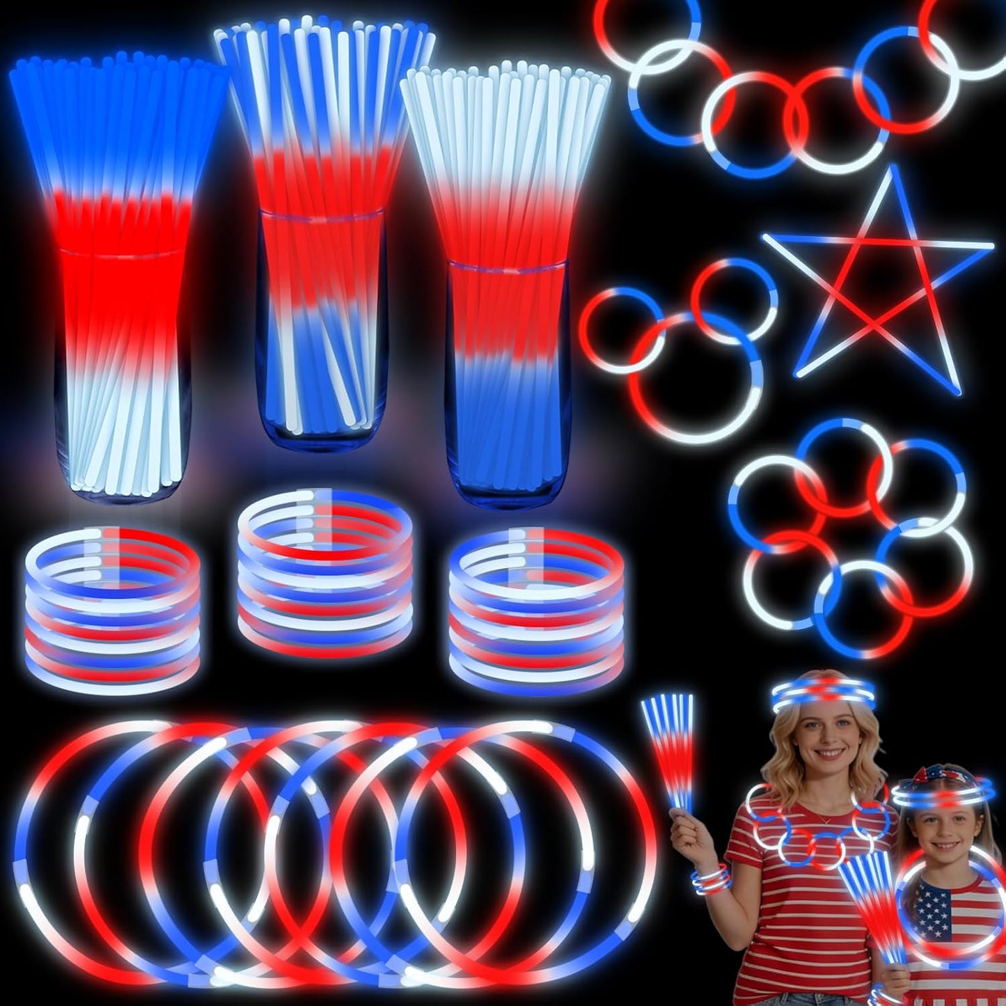 100 Pcs 4th of July Party Favors Glow Sticks with Connectors,Patriotic Glow Stick Red White Blue 3 in 1 Glow Bracelets and Necklaces 4th of July Accessories for Independence Day 250th Anniversary
