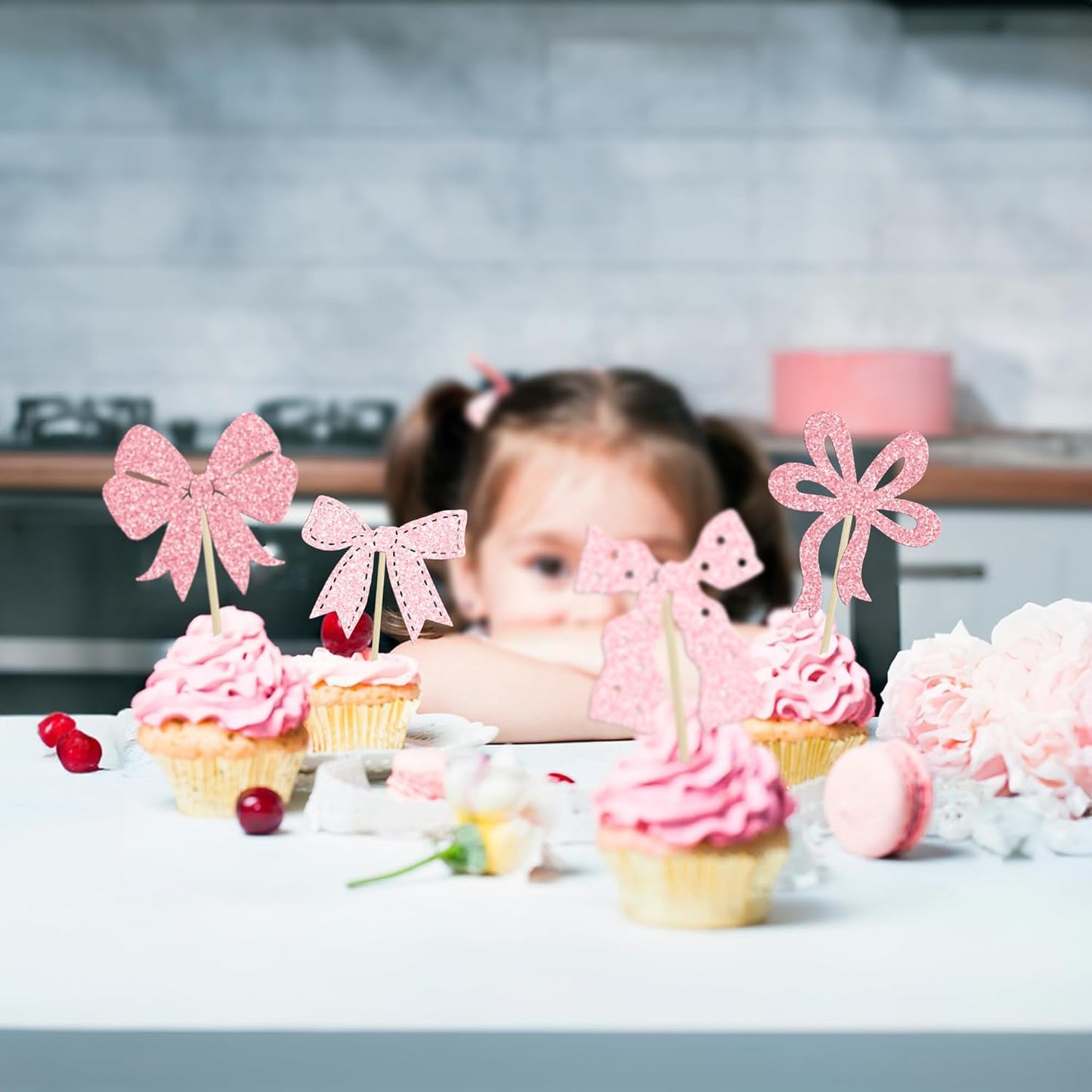 Ephlyn 24Pcs Pink Bow Cupcake Toppers Bow Birthday Cake Topper Girls Birthday Party Decorations Bowknot Cupcake Decorations for Bridal Wedding Themed Party Multi