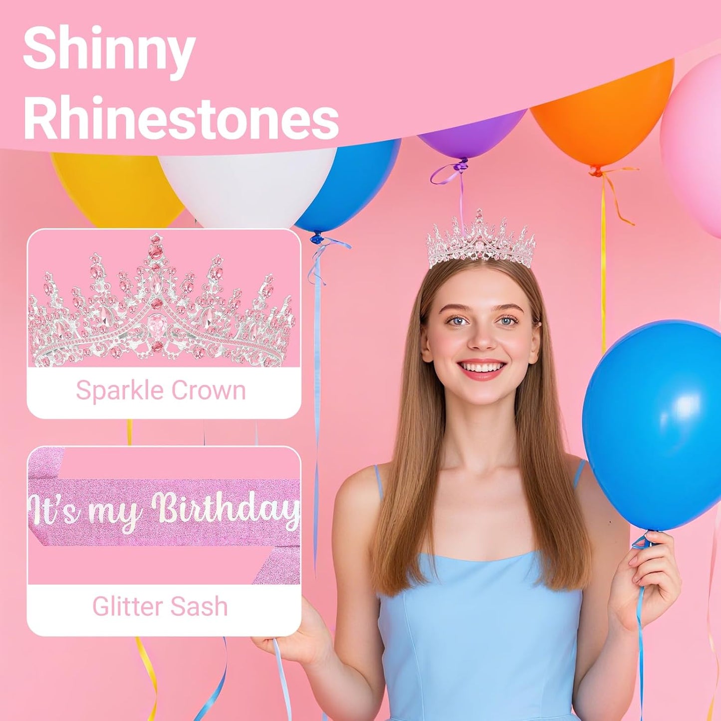 Birthday Tiara and Crown with Sash, Birthday Tiara for Women Party Silver