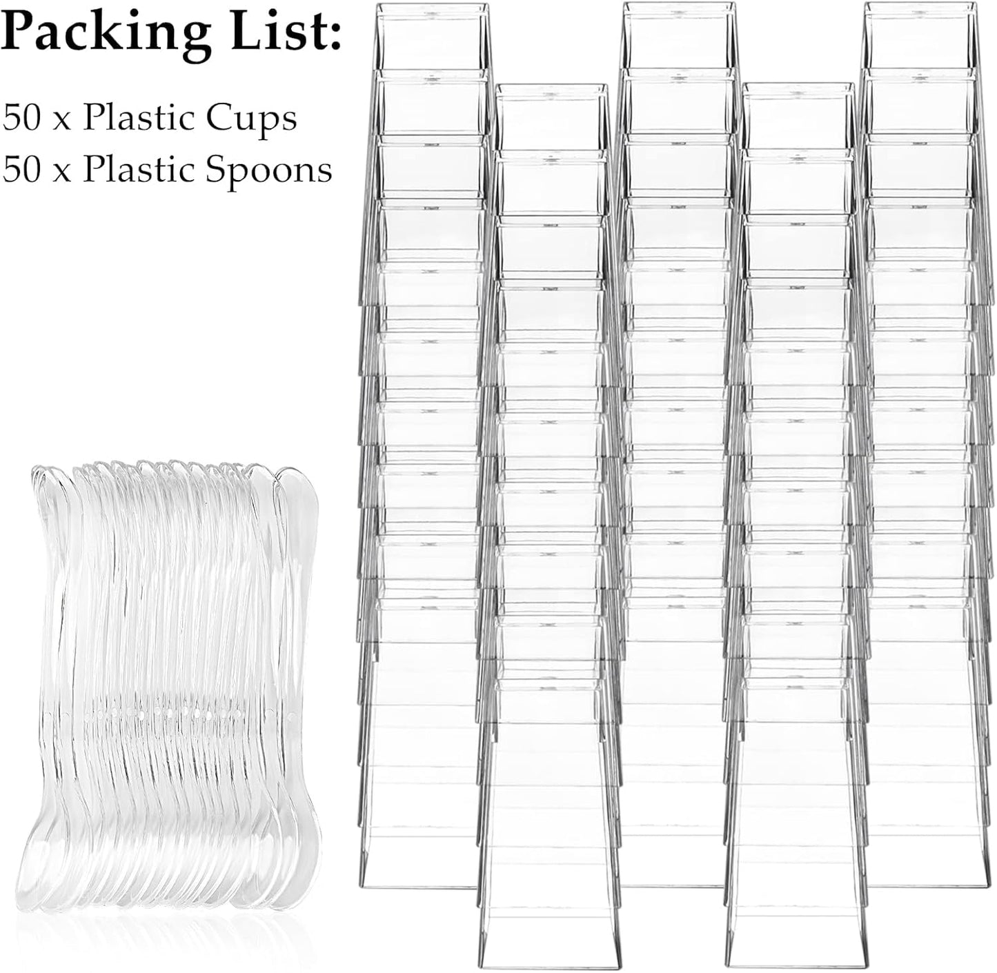 TOFLEN 50 Pack 3 oz Square Mini Dessert Cups with Spoons Clear Plastic Dessert Shooter Cups for for Party, Yogurt, Parfait, Cheesecake, Pudding, Jello and Appetizers