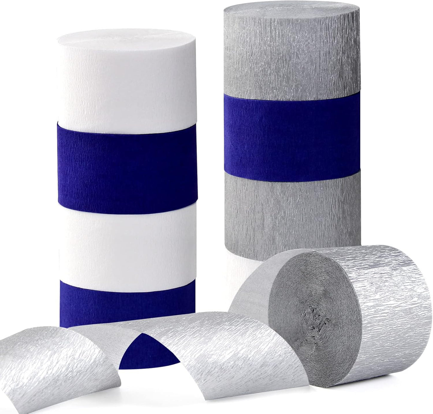 Navy-Blue White- Silver Crepe Paper Streamers - 9 Rolls Royal Blue Graduation 2025 Men Boy Birthday Party Decorations Streamer Wedding Bridal Shower Paper Garland Fathers Day Decor Panduola