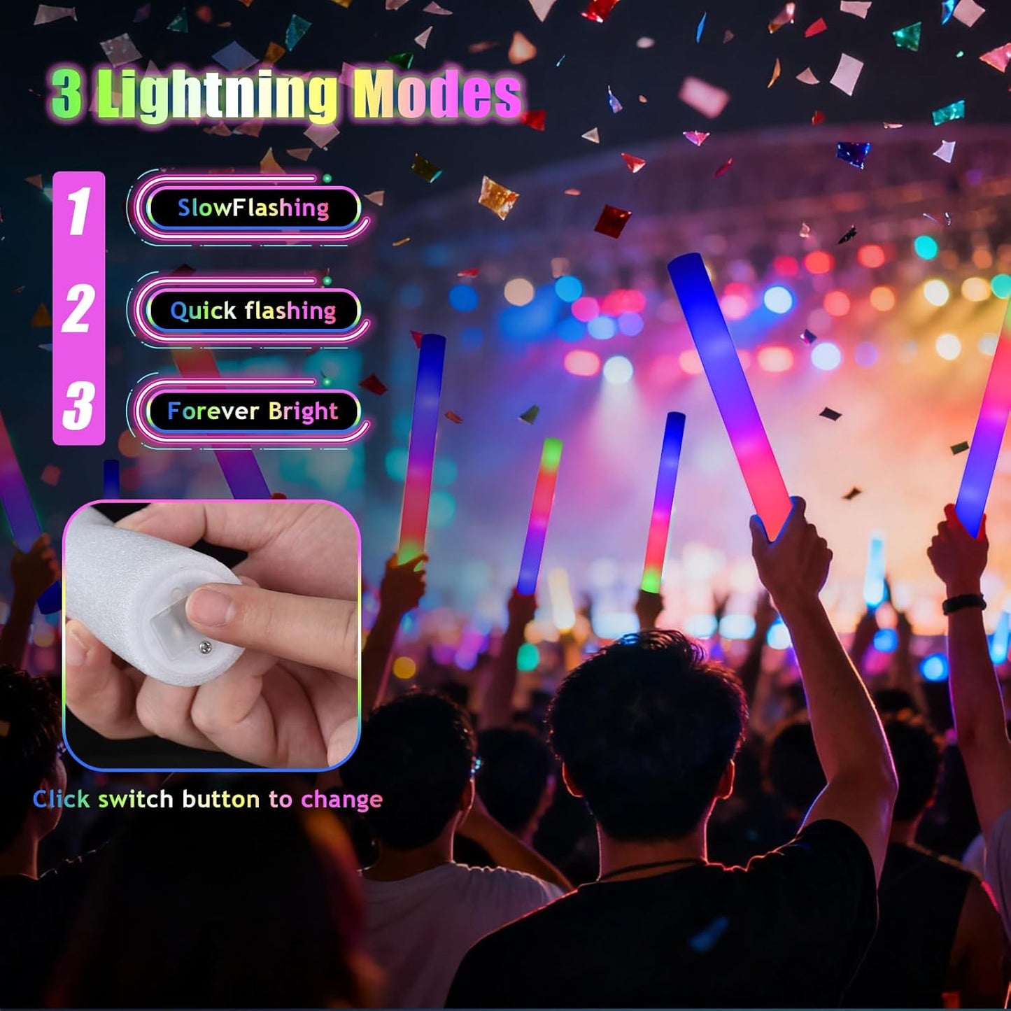 30pcs Foam Light up Sticks Bulk, Glow in the Dark Party Supplies with 3 Flashing Modes, Glow Wands for Birthday, Wedding, Concert, Outdoor Camping, Raves Foam Sticks