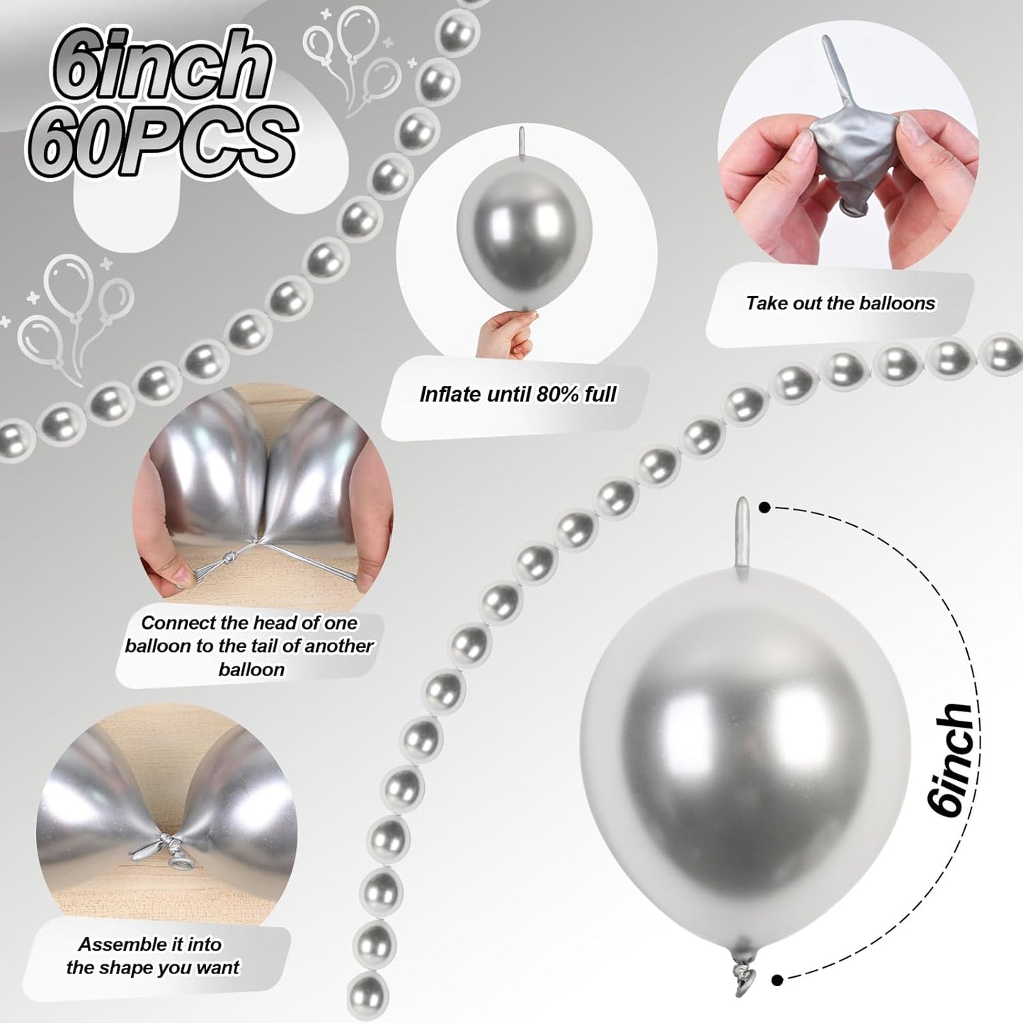 Gold Quick Link Balloons, 60PCS Linking for Balloon Wall Arch Chains, 6inch Linkable for Wedding Birthday Baby Shower Engagement Graduation Party Decorations