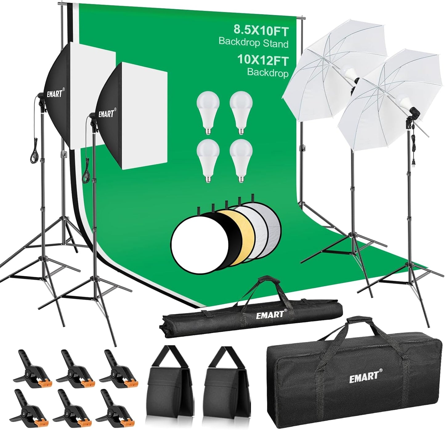 EMART 8.5 x 10 ft Backdrop Support System, Professional Photography Lighting Kit with 5500K 50W LED, 6 * 9ft Backdrop *3, Reflector,Umbrellas&Softbox Lighting Kit for Studio, Portrait, Video Shooting