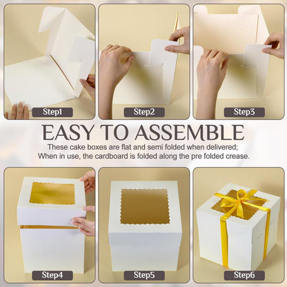 Teenyyou 48 Pcs Cake Boxes with Boards 24 Baking Boxes with Window 24 Cake Boards 2 Rolls Silk Ribbon Large Square Baking Storage in 3 Sizes 12x12x8, 10x10x8, 8x8x8 Inch Disposable Dessert Containers