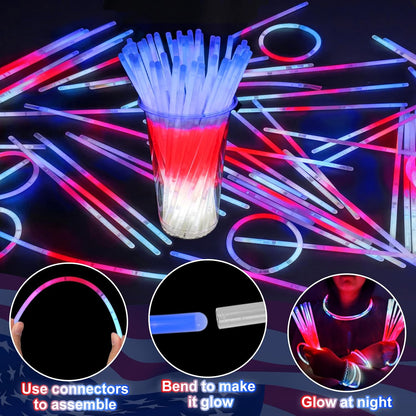 100 Pcs 4th of July Party Favors Glow Sticks with Connectors,Patriotic Glow Stick Red White Blue 3 in 1 Glow Bracelets and Necklaces 4th of July Accessories for Independence Day 250th Anniversary