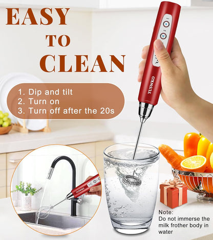YUSWKO Black Handheld Milk Frother Wand for Coffee, Rechargeable Electric Whisk with 3 Heads 3 Speeds Drink Mixer Coffee Frother For Latte, Cappuccino, Hot Chocolate, Egg