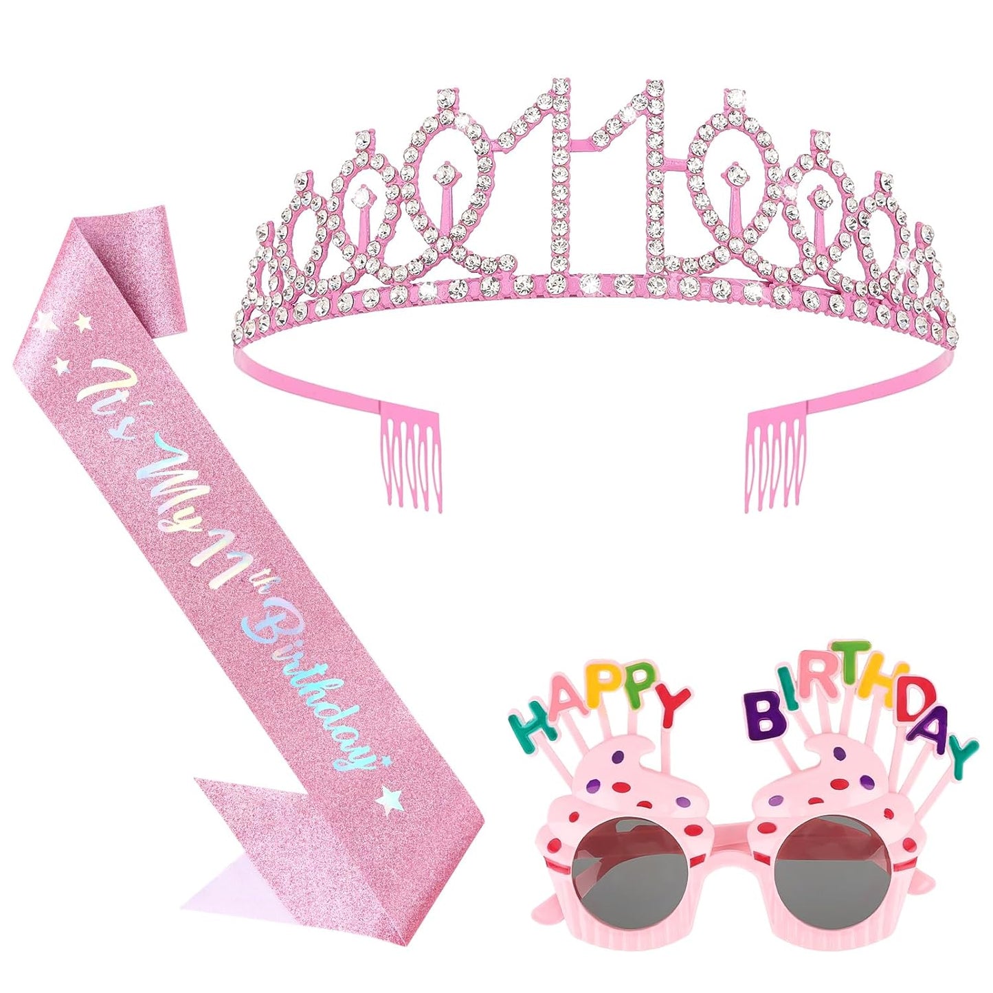 YARIEW 3rd Birthday Decorations, 3rd Glitter Purple Sash and Crown Kit with Happy Birthday Sunglasses, Tiara Princess Crown and Sash Party Outfit Accessory