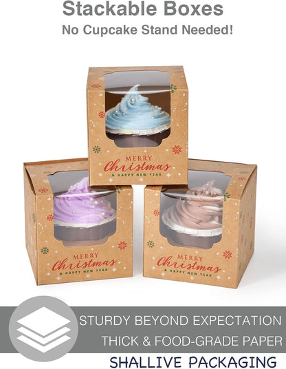100 Pcs Kraft Brown Cupcake Boxes Individual Bulk Paper Cupcake Containers Single with Insert and Window, Pop up Cookie Boxes and Cocoa Bombs Boxes Packaging for Bakery Gift Giving