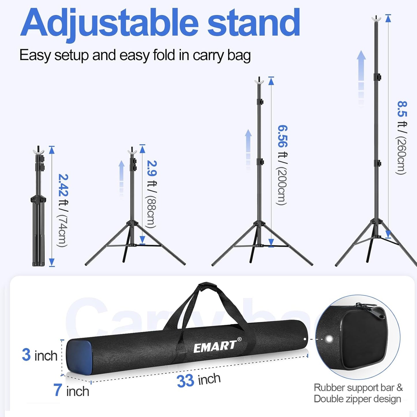 EMART Backdrop Stand 10x7ft(WxH) Photo Studio Adjustable Background Stand Support kit with 2 Crossbars, 8 Clamps, 2 Sandbags and Carry Bag for Parties, Events Decoration, Wedding, Photography -White