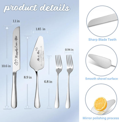 Personalized Wedding Cake Knife and Server Set, Wedding Gold Cake Cutting Set with Stainless Steel Forks, Customized Bridal Anniversary Birthday Wedding Registry Gifts for Couple (Non-customized)
