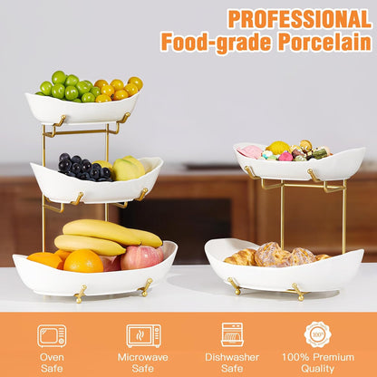 Ceramic Fruit Bowl for Kitchen Counter - 3 Tier Fruit Basket with Metal Stand, Tiered Fruit Stand for Countertop, Snack, Nuts, Cake, Dessert, Cute (Gold, Small) 1